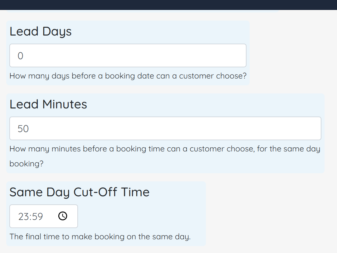 Works25 booking lead time settings: lead days, lead minutes and same day cut-off time