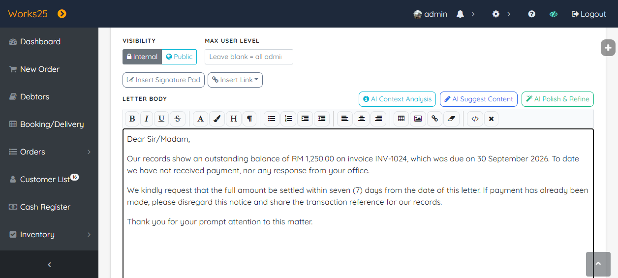 Works25 official letter editor with AI Context Analysis, AI Suggest Content and AI Polish and Refine