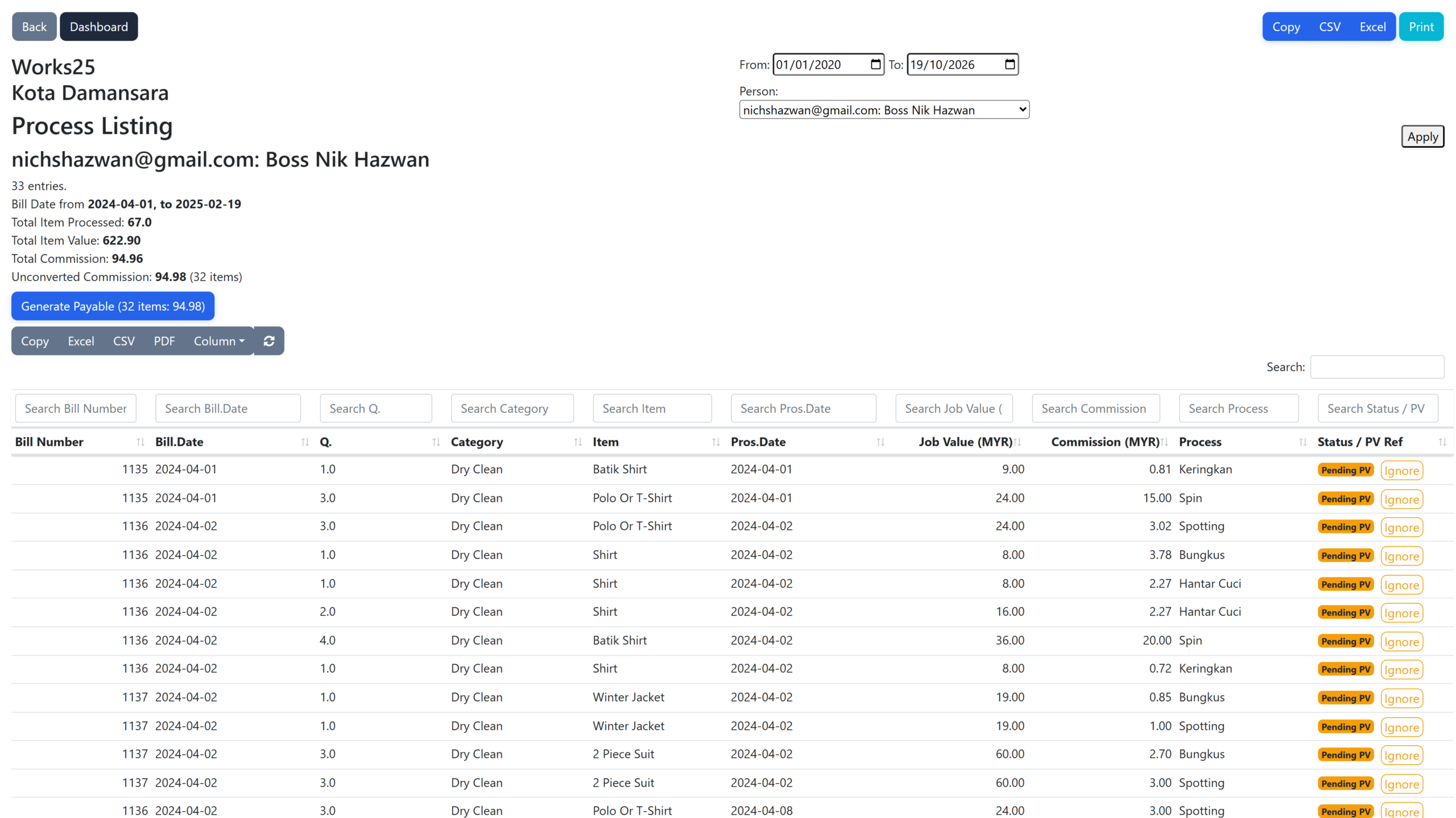 Works25 Process Listing with the Status / PV Ref column, Ignore actions and a Generate Payable button for staff commission